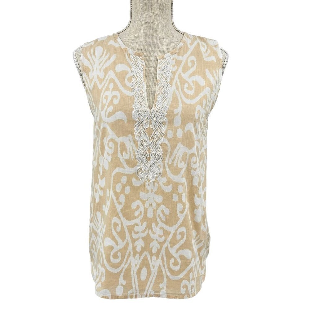 Sheridan French Printed Embroidered Split Neck Tank Top Women's 4 Preppy Beach